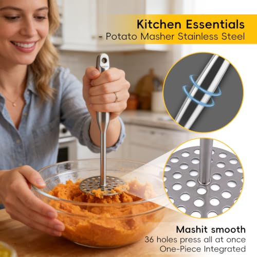 2 Pack Stainless Steel Potato Masher Set, Non-Slip Handle for Potato Puree | Heavy Duty Wave & Round Masher Set,for Avocado & Homemade Baby Puree,Dishwasher Safe