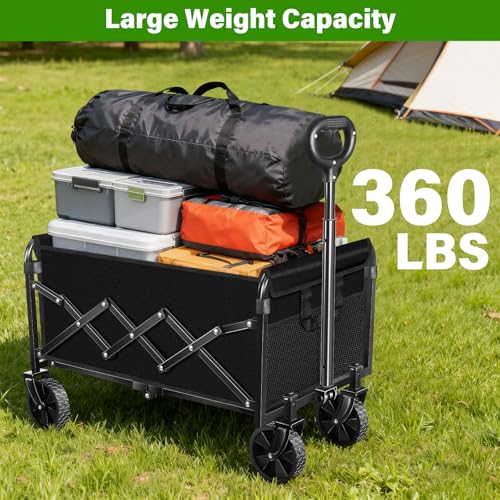 Collapsible Wagon Cart, Folding Cart with 360LBS Capacity, Black - color: Black