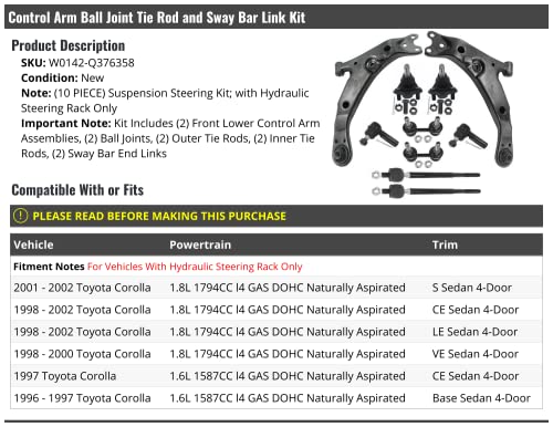 Marketplace Auto Parts Front Control Arm, Ball Joint, Tie Rod, and Sway Bar End Link Kit - 10 Piece - Compatible with 1996-2002 Toyota Corolla 1.6L, 1.8L 4-Cylinder With Hydraulic Steering Rack