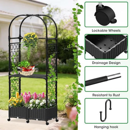 Planter Box with Trellis,5.9ft/71in Self Watering Raised Garden Bed with Wheels and Storage Shelf,Drainage Holes,for Flower Rattan Vines Plant Climbing Tomato Vegetable Indoor Outdoor Garden Patio