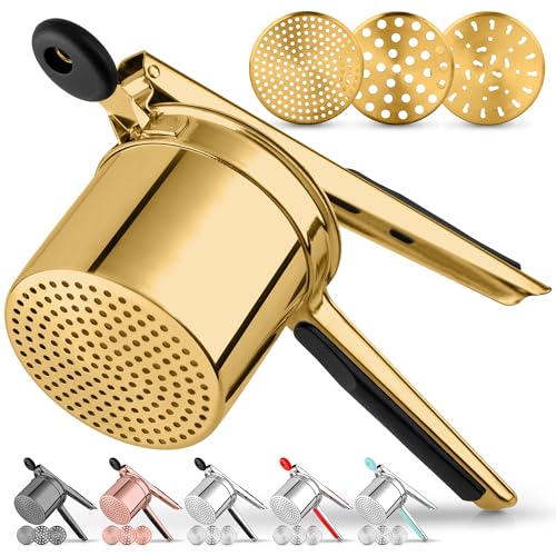 Zulay Kitchen Premium Large 15oz Potato Ricer, Heavy Duty Professional Stainless Steel Potato Masher and Ricer Kitchen Tool, Press and Mash Kitchen Gadget - Gold/Black - color: Gold & Black, size: Three Discs