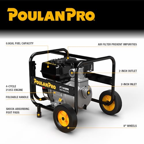 Poulan Pro 2-inch Semi Trash Pump with Wheels, 6HP 212cc 4-cycle Engine - size: 2 inch with wheels
