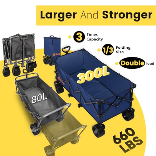 Sekey Extended Collapsible Foldable Wagon with 660lbs Weight Capacity, Heavy Duty Folding Utility Garden Cart with Big All-Terrain Beach Wheels & Drink Holders. Navy Blue - color: Navy Blue