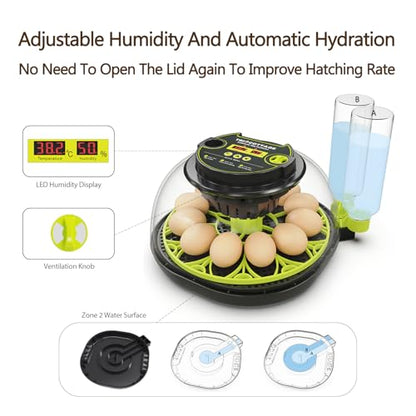 Incubators for Hatching Eggs 12 Egg Incubator with Automatic Egg Turning and Humidity Control,Egg Candler,Auto Water Replenishment,for Chicken Eggs and Quail Egg M12H