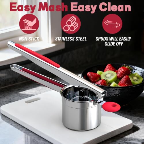 Large 15oz Potato Ricer for Mashed Potatoes, Heavy Duty 18/8 Stainless Steel Potato Masher for Baby Food & Spaetzle Maker, Masher and Ricer Kitchen Tool, Press and Mash Kitchen Gadget, Red - color: Red