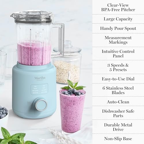 Martha Stewart 50oz Countertop Blender, 3 Speeds, 5 Presets, Sky Blue - color: Sky Blue