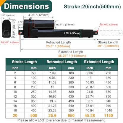 JQDML 20 Inch Stroke Linear Actuator 12V 440 lbs Heavy Duty IP65 Waterproof - size: 20"