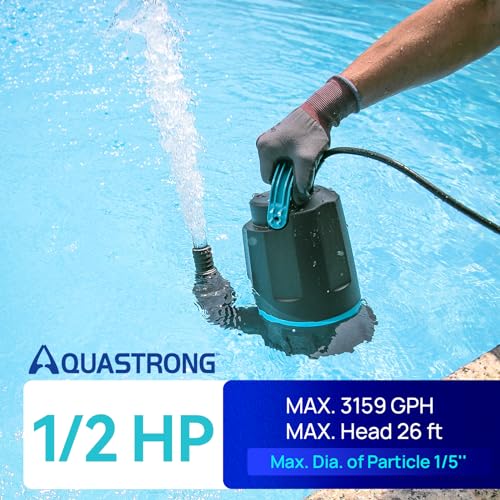 Aquastrong Sump Pump 1/2 HP Submersible Water Pump Thermoplastic Portable Utility Pump 3159 GPH High Flow Water Removal for Swimming Pool Garden Pond Basement Window Wells with 10ft Long Power Cord | Thermoplastic Utility Pump High Flow Water Removal for