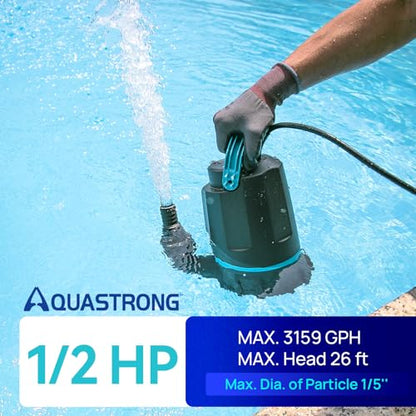 Aquastrong Sump Pump 1/2 HP Submersible Water Pump Thermoplastic Portable Utility Pump 3159 GPH High Flow Water Removal for Swimming Pool Garden Pond Basement Window Wells with 10ft Long Power Cord | Thermoplastic Utility Pump High Flow Water Removal for