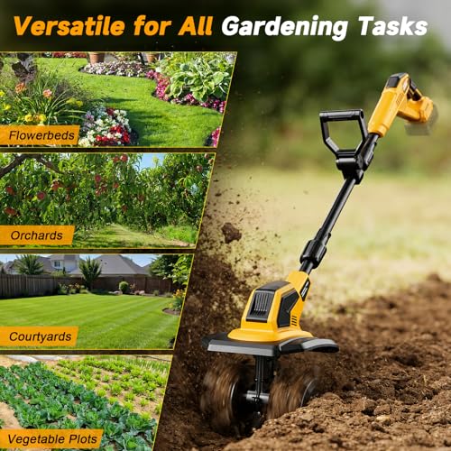 Brushless Cordless Tiller Cultivator Compatible with Dewalt 20V Battery (Tool Only), 400RPM Electric Garden Rototiller, 9In Width 7In Depth with 48 Steel Tines for Soil Cultivation & Gardening