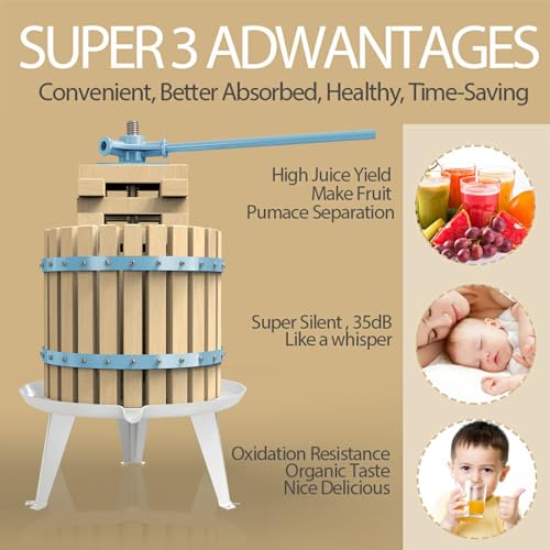 Fruit Apple Cider Wine Press-3.17 Gallon/12L- Solid Wood Basket with Grape Berry Wine Classic Crusher -7 Litre/1.8Gallon