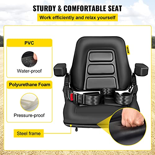 Bestauto Universal Fold Down Forklift Seat with Retractable Safety Belt, Armrest,Adjustable Seat for Excavator, Forklift, Tractor, Skid Loader, Backhoe Dozer Telehandler