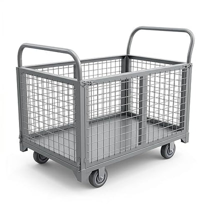 2200 LBS Heavy Duty 4-in-1 Folding Wire Mesh Cage Cart, Steel Platform Truck with Removable Guardrails for Warehouse, Industrial, and Home Use