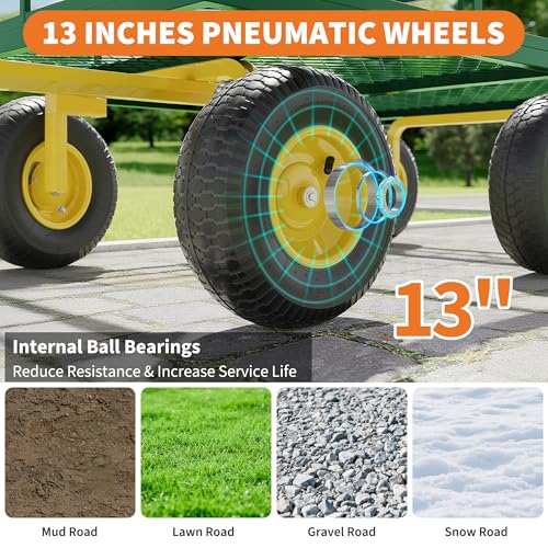 Heavy Duty Steel Garden Cart,with 10" Multi-Terrain Tires & 180° Swivel Handle, 4 Removable Mesh Sides,1200 lbs Capacity Utility Wagon for Lawn, Yard, Farm,Green Yellow - size: 1200LBS Green Yellow