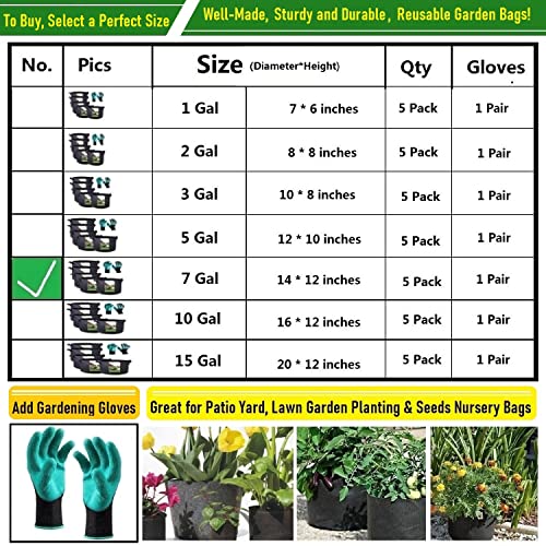 5-Pack 7 Gallon Thickened Plant Grow Bags (14x12 in) Fabric Plant Pots for Tomato,Potato Planter Bags,Herbs Veggies Planters,Flower Pot,Garden Pot,Barrel Planter,Plant Container with Gardening Gloves - size: 7 Gallon (14x12 inches)