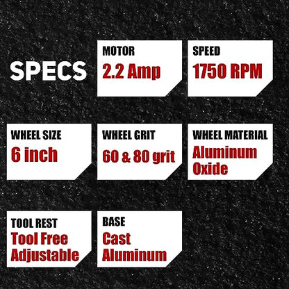 BUCKTOOL 6" 1/3HP Low Speed Bench Grinder,High Precision Wobble Free Wheels - style: 6" Low Speed