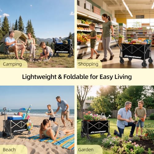 EchoSmile Easy Collapsible Wagon Cart, Folding for Grocery & Camping, Black - color: Black