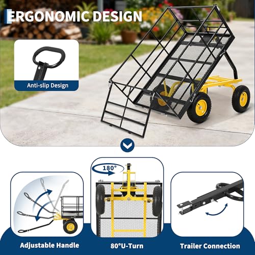 Steel Garden Utility Wagon – 1500 lbs Capacity, 13-Inch All-Terrain Wheels, Removable Sides, 180° Swivel Handle – Towable Flatbed Cart for Lawn, Yard, Farm – Red Rims, Black Frame, Black - color: Black