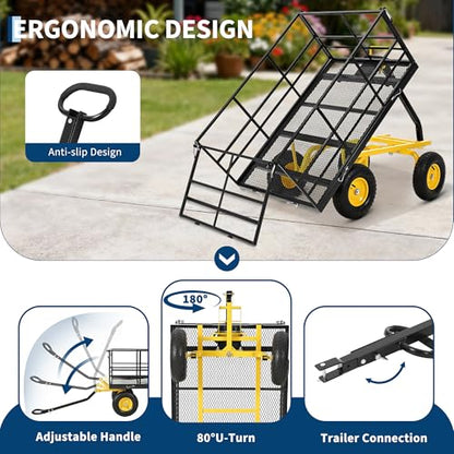 Steel Garden Utility Wagon – 1500 lbs Capacity, 13-Inch All-Terrain Wheels, Removable Sides, 180° Swivel Handle – Towable Flatbed Cart for Lawn, Yard, Farm – Red Rims, Black Frame, Black - color: Black