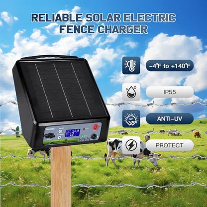 20 Miles Solar Electric Fence Charger Kit, 0.3-2.0J Adjustable, LED - color: Black