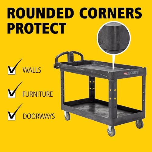 Rubbermaid Commercial Products BRUTE Heavy Duty 2-Shelf Utility/Service Cart, Medium, Lipped Shelves, Ergonomic Handle, 750 lb Capacity, Black, for Warehouse/Garage/Cleaning/Office - color: Black, size: Large, style: 2-Shelf
