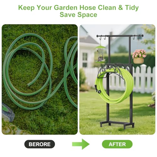 Garden Hose Holder with Telescopic Pole, Upgraded Heavy Duty Hose Stand Holds 150ft with 4 Spikes, Freestanding Metal Hose Storage and Hanger for Outside Yard Lawn Farm, Black