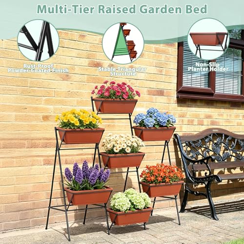 5-Tier Vertical Garden Planter with 7 Plant Boxes & Drainage Trays - color: Brick Red, size: 5-Tier