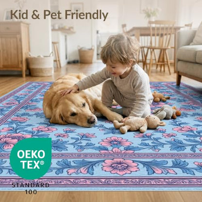 5'x7' Pink Blue Chinoiserie Floral Medallion Washable Area Rug - color: Blue/Pattern 10, size: 5' x 7' (Rectangular)