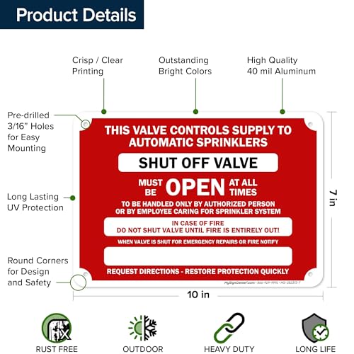 This Valve Controls Supply To Automatic Sprinklers Shut Off Valve Sign, 10x7 Inches, Rust Free .040 Aluminum, Fade Resistant, Made in USA by My Sign Center - size: 7x10 Aluminum