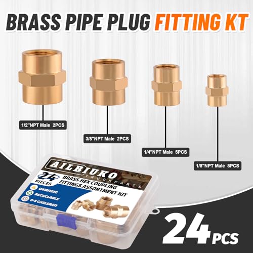 24Pcs Brass Pipe Fittings Hex Coupling Kit,1/8" 1/4" 3/8" 1/2" NPT - style: Hex Coupling