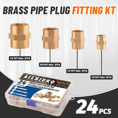 24Pcs Brass Pipe Fittings Hex Coupling Kit,1/8" 1/4" 3/8" 1/2" NPT - style: Hex Coupling