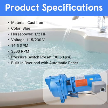 J5S Shallow Well Jet Pump, 1/2 HP 115/230V 60Hz, Heavy-Duty Cast Iron Self-Priming Pump for Home Water Supply, Garden Irrigation & Booster Service