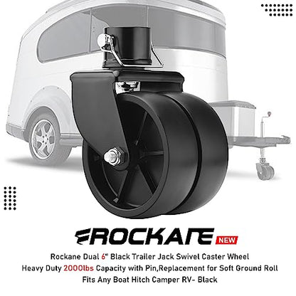 Rockane Dual 6'' Black Trailer Jack Swivel Caster Wheel Replacement 2000Lbs - size: 2000LBS