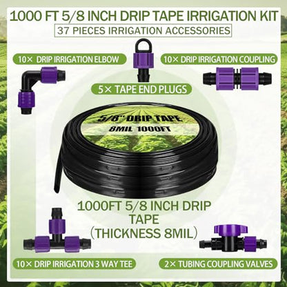 Tondiamo 1000' 5/8 Inch Drip Tape Irrigation Tubing Kit 16 Mil 6" Spacing Garden Hose Watering Tube Line Automatic Equipment for Garden Irrigation System Farms, Landscape, Lawn - size: 1000',16 Mil