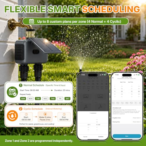 Mcbazel Solar & Type-C Charging WiFi Water Timer for Garden Hose, Smart 2-Zone Sprinkler Controller with App & Voice Control, Programmable Irrigation System with Auto & Manual Modes for Yard