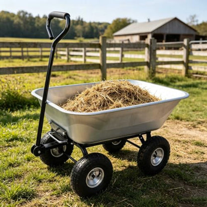 300LB Steel Garden Dump Cart 4-Wheel Wagon Poly Tray 55L Silver Tilting Bed