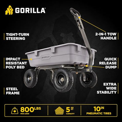 Gorilla Carts Poly Dump Cart, 800 lb. Capacity, 5 Cu Ft, Gray - size: 5-Cubic Feet, style: Pneumatic