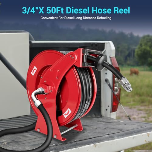 Fuel Diesel Hose Reel Retractable 3/4 inch x 50ft,Spring Driven Automatic Rewind,300 PSI Industrial Heavy Duty Steel Construction Auto Swivel Reels for Truck Farm Aircraft Ship Vehicle Tank Trailer - size: 3/4 inch x 50FT without Fuel Nozzle