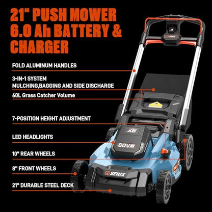 SENIX 60 Volt Max* 21-Inch 3-in-1 Cordless Push Lawn Mower - size: 21in with 6Ah Battery