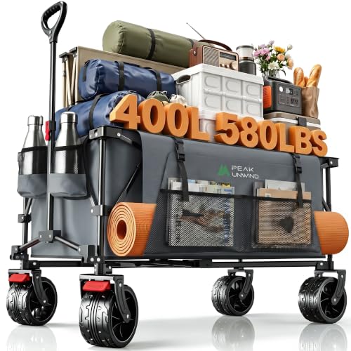 400L Folding Wagon Cart with Brakes & Removable Table, 500lbs Heavy Duty Collapsible Wagon, Big All-Terrain Wheels for Camping, Sports, Grocery, Outdoor - Gray - color: Gray-big
