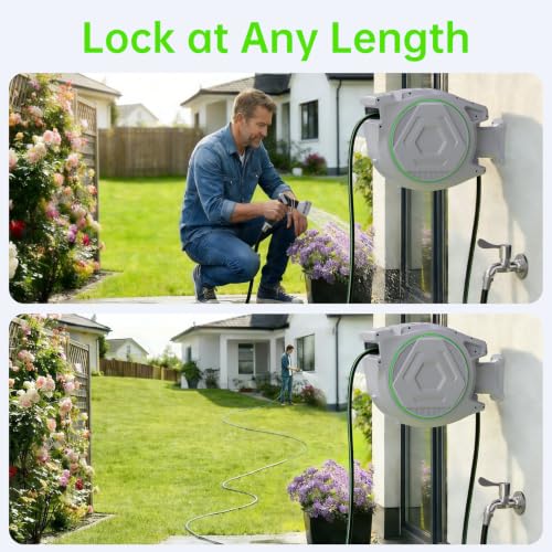 Retractable Garden Hose Reel, Wall Mounted 100 FT 5/8inch Water Hose Reel | Any-length Lock, 11s Upgraded Auto Rewind, 9 Spray Modes, 180° Swivel for Watering, Car Washing and Outdoor Use - color: Gray