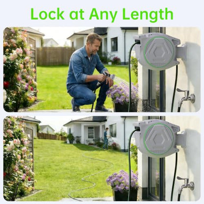Retractable Garden Hose Reel, Wall Mounted 100 FT 5/8inch Water Hose Reel | Any-length Lock, 11s Upgraded Auto Rewind, 9 Spray Modes, 180° Swivel for Watering, Car Washing and Outdoor Use - color: Gray