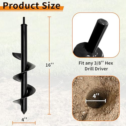 4 x 16 Inch Auger Drill Bit for Planting–Garden Spiral Hole Drill Planter for Bulbs, Bedding Plants & Umbrella Holes|3/8" Hex Drive|The Ultimate Bulb Planter Tool for Cordless Drill - size: 4"x16"