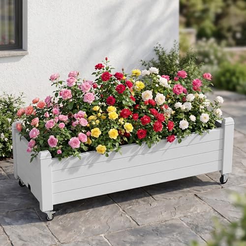 Raised Garden Bed with Wheels, Rolling Resin Planter Box, Ashen - color: Ashen, size: 13.3" H