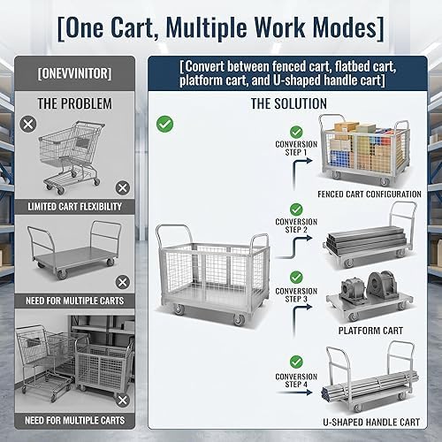 2200 LBS Heavy Duty 4-in-1 Folding Wire Mesh Cage Cart, Steel Platform Truck with Removable Guardrails for Warehouse, Industrial, and Home Use
