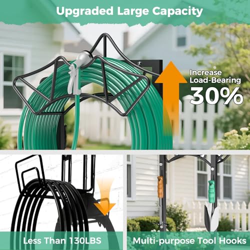 Garden Hose Holder with 2 Tool Hooks Heavy-Duty Water Hose Reel Rustproof - color: Black, size: Crown