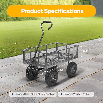 VIVOHOME Heavy Duty 880 Lbs Capacity Mesh Steel Garden Cart Folding Utility Wagon with Removable Sides and 4.10/3.50-4" Wheels 10 inch Tire (Grey) - color: Gray