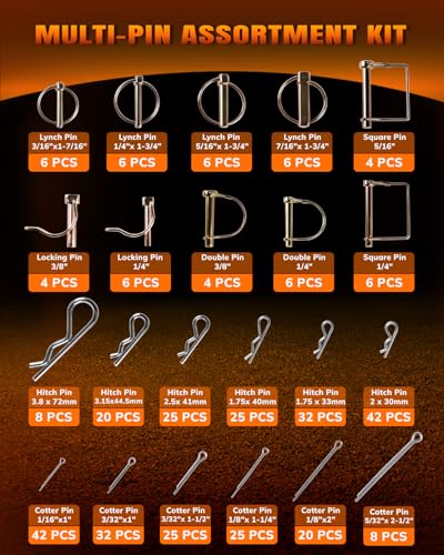 358 PCS Multi-Pin Assortment Kit, Includes Hitch Pins, Lynch Pins, PTO Pins for Tractors, Trailers, Trucks, Mowers, Snow Plows, Trash Can Couplers and Farm Equipment, Heavy Duty Trailers Accessories