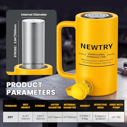 NEWTRY 20T Long Hydraulic Ram Jack, 4" Stroke Porta Power Auto Retract - size: 20T