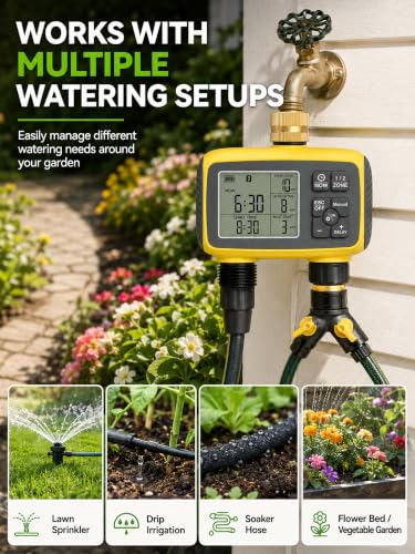 Hose Timer 2 Outlet, 2 Zone Programmable Sprinkler Timer with Rain Delay & Manual Mode, Heavy Duty Digital Timer for Garden Hose, Auto Irrigation Controller for Lawn, Yard & Drip Irrigation Outdoor